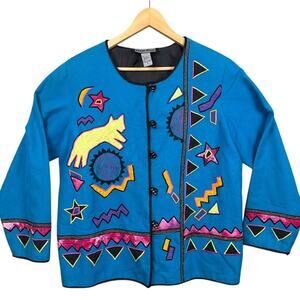 Vintage Indigo Moon Canvas Patchwork Jacket Howl At The Moon Size L Art to Wear